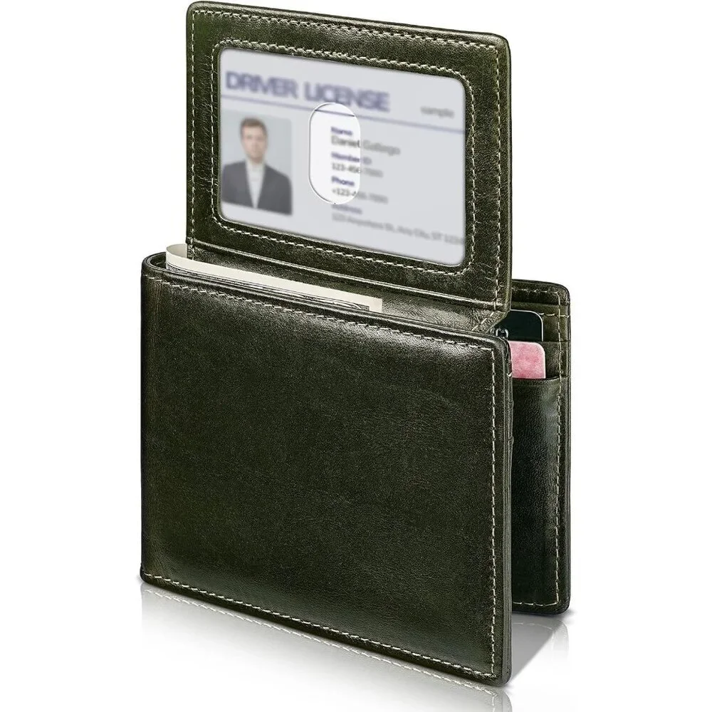 Men's Classic Bifold Wallet Card Green Style Genuine Leather 2 Cash Pockets